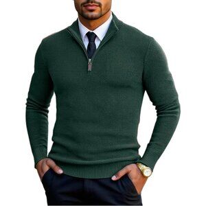 Men Slim Fit Quarter Zip Pullover Sweater Knit Mock Neck Polo Lake Green Sweater